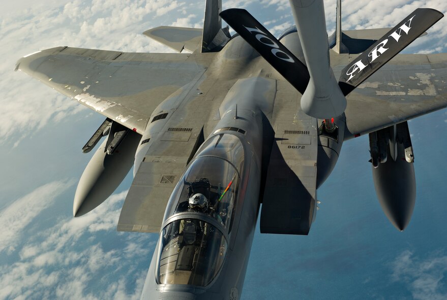A KC-135 Stratotanker deployed from Royal Air Force Mildenhall, England, refuels an F-15C Eagle deployed from RAF Lakenheath, England, during a training mission near Keflavik International Airport May 28, 2014. The Aircraft are deployed with the 48th Air Expeditionary Group for the NATO mission of Icelandic Air Policing. (U.S. Air Force photo/Tech. Sgt. Benjamin Wilson)