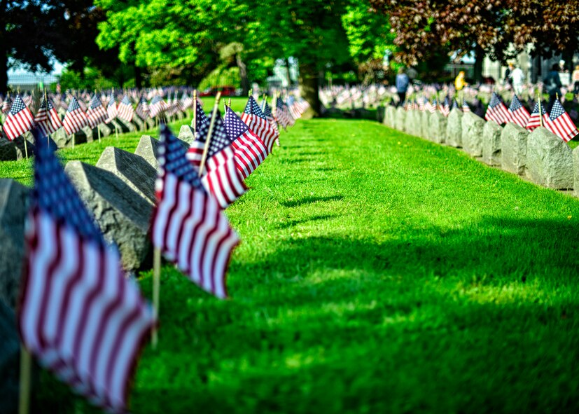 American flags placed on veteran’s graves during a Memorial Day ceremony held at Forest Lawn Cemetery, May 25, 2014, Buffalo, NY. During the morning ceremony volunteers placed thousands of flags next to the graves of the men and woman who served in the United States military. (U.S. Air Force photo by Tech. Sgt. Joseph McKee)