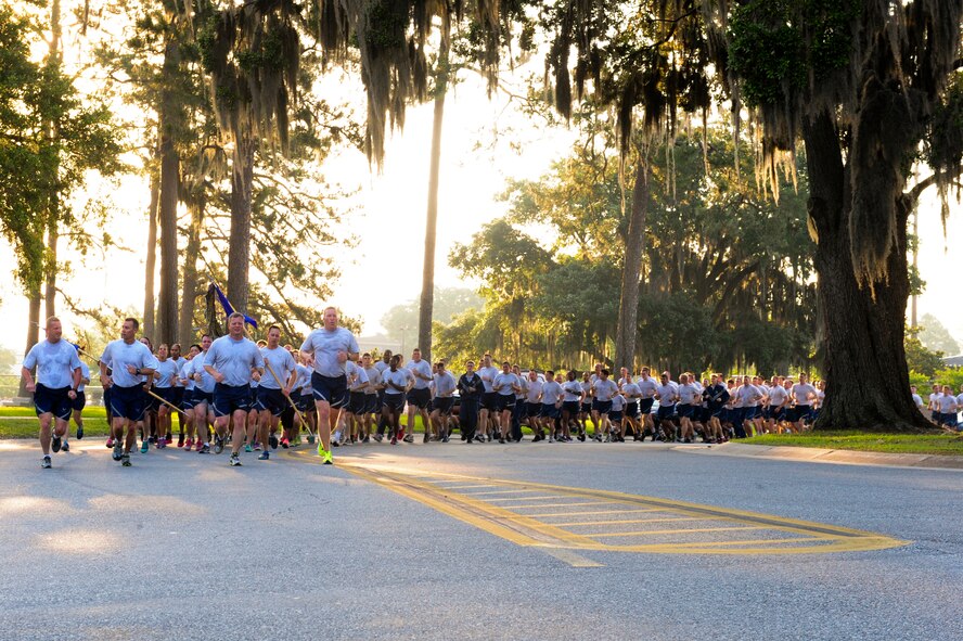 Moody leadership leads Airmen during a 2.3-mile run around Moody Air Force Base, Ga., May 22, 2014. The run kicked off a full day’s worth of activities for Comprehensive Airman Fitness. (U.S. Air Force photo by Tech. Sgt. Joshua J. Garcia/Released)