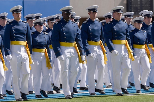 The U.S. Air Force Academy Class of 2014 marches into Falcon Stadium during commencement exercises in Colorado Springs, Colo. May 28, 2014.  A total of 995 cadets will receive their commission.  (Air Force photo/ Mike Kaplan)