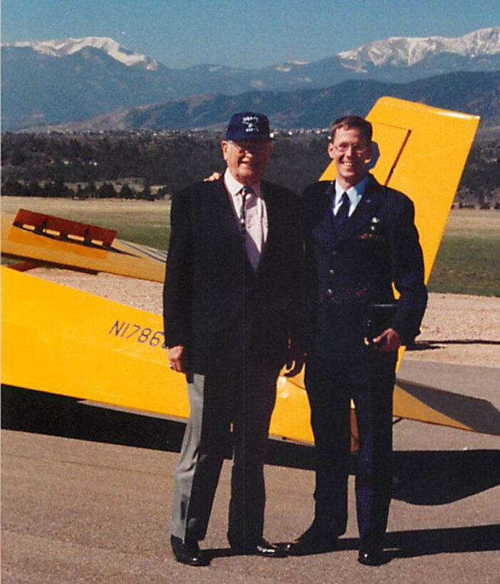 Retired Air National Guard Gen. Joe Foss and Capt. Patrick Castle, U.S. Air Force Academy instructor,  prior to a glider flight at the U.S. Air Force Academy in Colorado Springs, Colo., in 2000. Foss, a  U.S. Marine Corps fighter ace during World War II and a 1943 recipient of the Medal of Honor, participated in the glider flight coordinated by Castle.  (Courtesy photo)