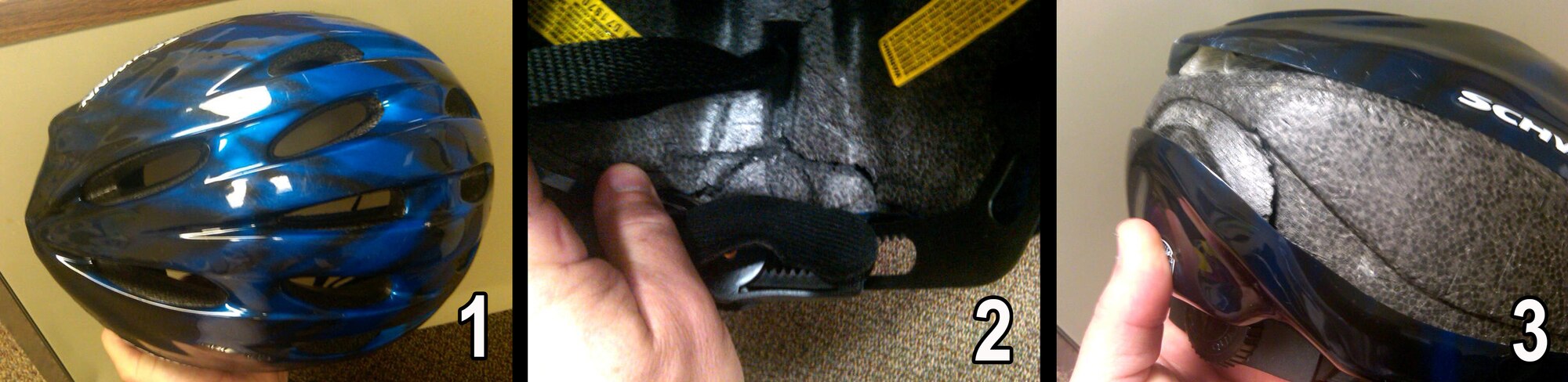 Figure 1: Top view of bicycle helmet – no apparent damage.
Figure 2: Aft interior of bicycle helmet shows cracked foam insulation where impact to head occurred.
Figure 3: Aft exterior of bicycle helmet shows cracked foam insulation and damaged plastic where impact to head occurred.
