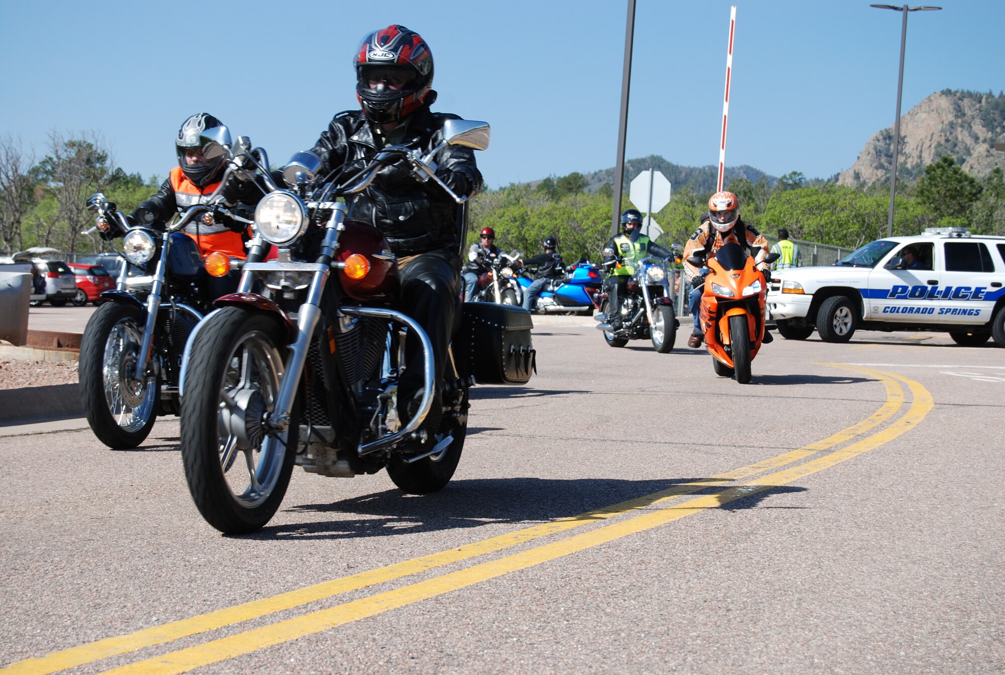 CHEYENNE MOUNTAIN AIR FORCE STATION, Colo. – Riders from various Colorado Springs military installations gathered at the visitor’s parking lot at Cheyenne Mountain Air Force Station to take part in a bike rally to support National Police Week. The rally May 22 passed through the area military installations, including Peterson Air Force Base. (U.S. Air Force photo/Michael Golembesky)