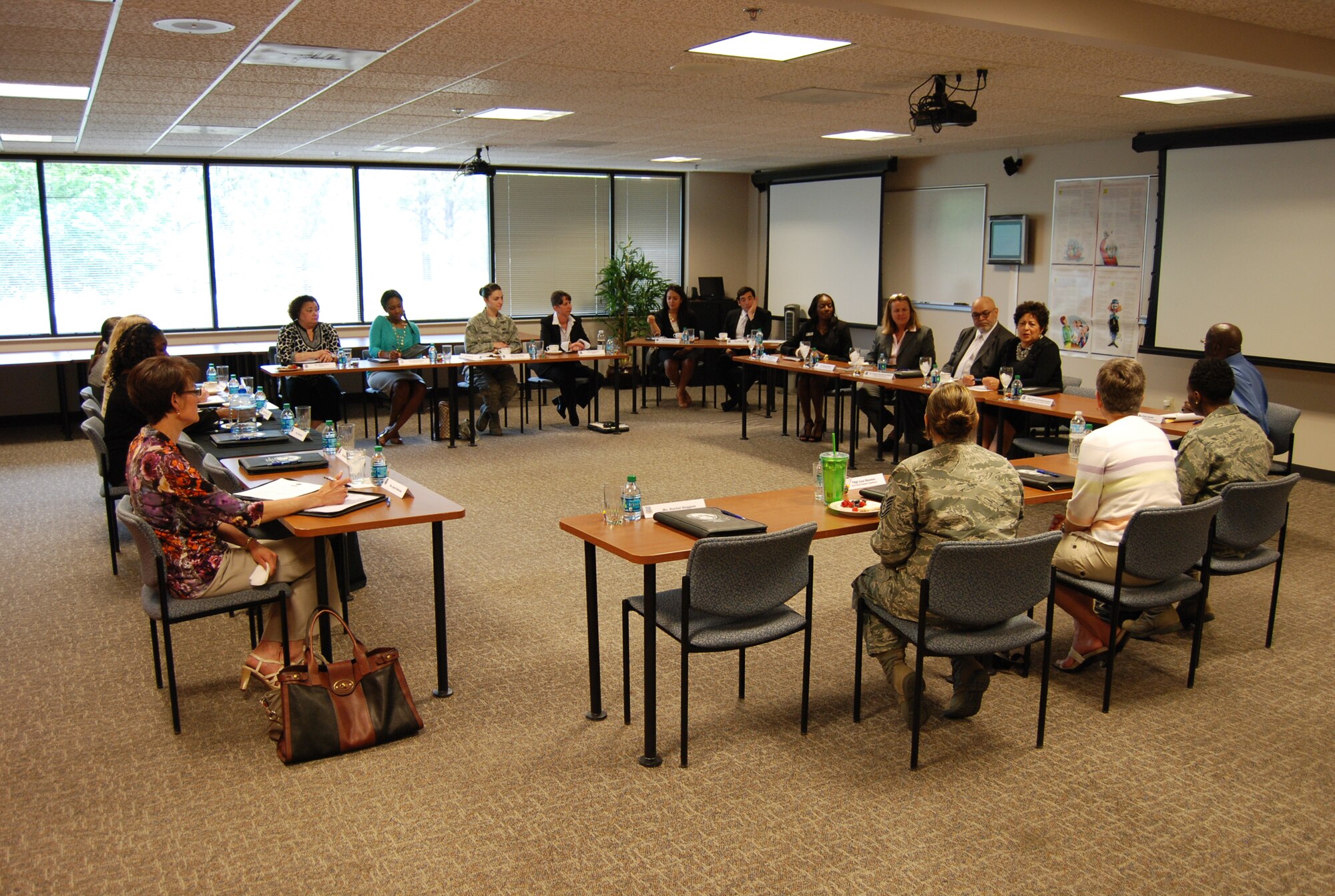 PETERSON AIR FORCE BASE, Colo. – Katherine Archuleta, U.S. Office of Personnel Management director, met with a diverse group of women veterans and transitioning service members here May 22 during a panel discussion regarding federal employment. Archuleta listened to a wide variety of comments and insight directly from women veterans about the matter, working on solutions to encourage more participation of this demographic in the federal workforce. (U.S. Air Force photo/Michael Golembesky)