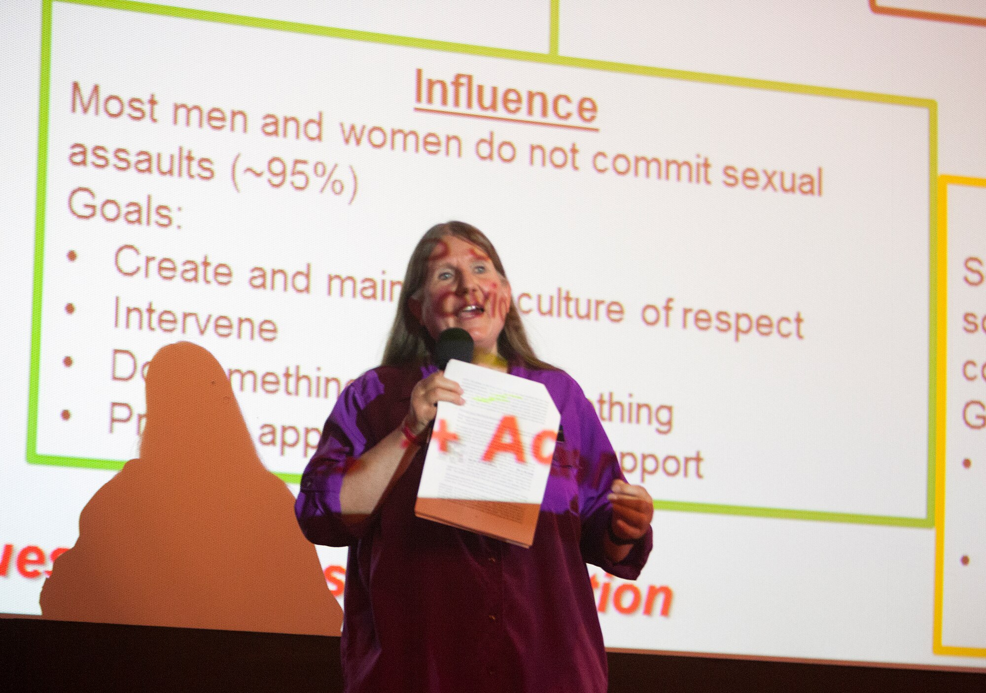 Mary Brown, 90th Missile Wing Sexual Assault Prevention and Response coordinator, addresses F.E. Warren Air Force Base Airmen during the base’s SAPR stand down day commander’s call May 27, 2013. The Air Force directed training focused on identifying potential offenders and stopping behaviors before they become criminal. (U.S. Air Force photo by R.J. Oriez)