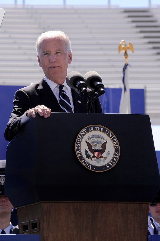 Vice President Joe Biden addresses the U.S. Air Force Academy Class of 2014 during commencement ceremony at Falcon Stadium in Colorado Springs, Colo., May 28, 2014.