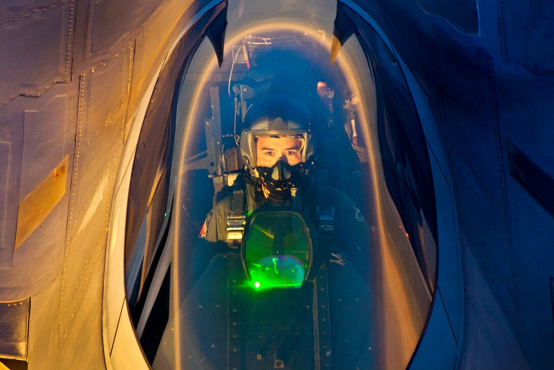 An F-22 Raptor pilot flies behind a KC-135 Stratotanker aircraft after an air refueling mission to support the Brooklyn Cyclone flyover during Air Force Week in New York, Aug. 21, 2012. The pilot is assigned to Tyndall Air Force Base, Fla., and the aircraft crew is assigned to Altus Air Force Base, Okla.  
