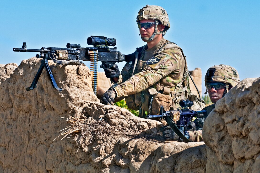 U.S. Army Pfcs. Kyle Peters and Justin Ford scan the horizon after taking fire from insurgents in the Panjwai district in southern Afghanistan's Kandahar province, July 30, 2012. Peters and Ford are assigned to Company A, 1st Battalion, 23rd Infantry Regiment. 
