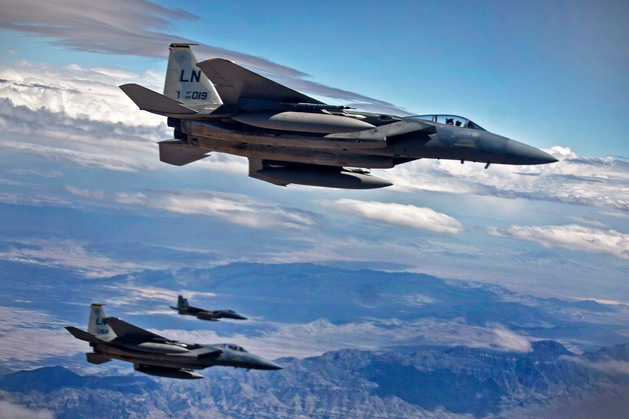 Three U.S. Air Force F-15C Eagles participate in a Red Flag exercise over the Nevada Test and Training Rang on, Nellis, Air Force Base, Nev., July 19, 2012. The aircraft crews are assigned to the 493rd Fighter Squadron, Royal Air Force Lakenheath, England. The Nevada Test and Training Range hosts and organizes the realistic, combat training exercise.  
