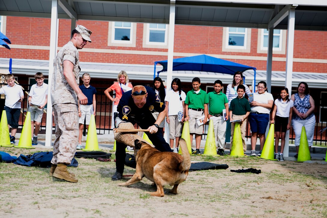 Corporal Cody Pieffer (left), a military police working dog handler, and Officer Garret Lotz, a military police officer from Marine Corps Air Station Beaufort demonstrate the capabilities of Maxey, a military working dog, during a visit to Pritchardville Elementary School in Bluffton, S.C., May 28, 2014, as part of a career day designed to teach students about different career opportunities available to include military service. The Provost Marshal's Office aboard the Air Station provides law enforcement, investigative and security services to MCAS Beaufort, Marine Corps Recruit Depot Parris Island and Naval Hospital Beaufort, S.C.
