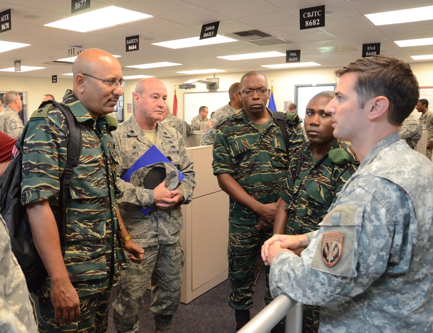 Members of the Guyana Defence Force (GDF) visit the Florida National Guard Joint Operations Center in St. Augustine, Fla., May 20, 2014. The Guyanese military personnel visit coincided with the state’s annual hurricane exercise which simulated emergency response efforts to manage an evolving hurricane in Florida. 