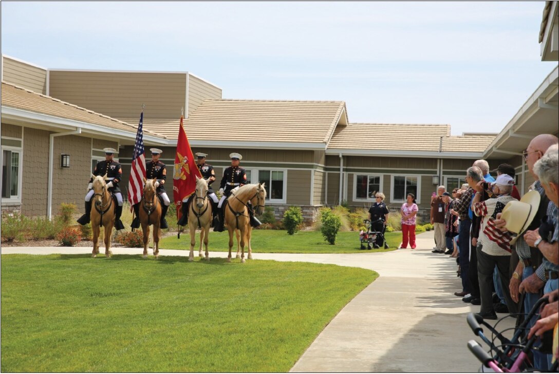 The Marine Corps Mounted Color Guard, stationed on Marine Corps Logistics Base Barstow, Calif., present the nation’s colors at the Veterans Home in Redding, Calif., during their visit, May 15, 2014. The MCG also had a sit-down-luncheon with veterans and spoke to each other about their time in service.