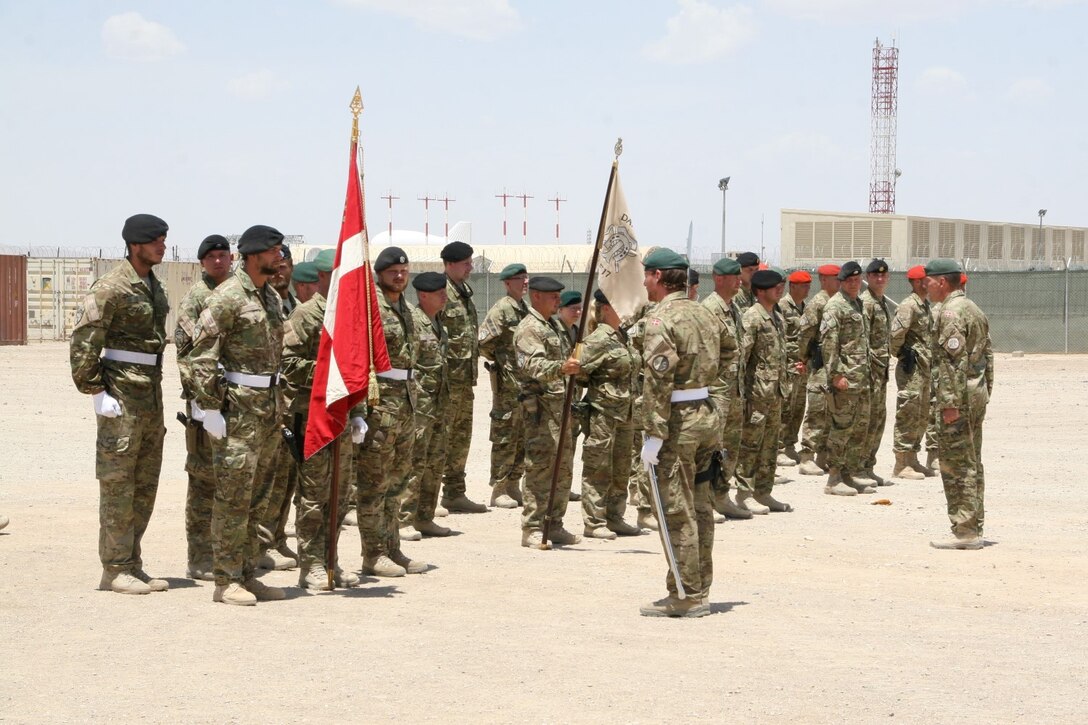 Soldiers with the Danish Contingent stand in formation during their end of mission ceremony aboard Camp Bastion, Afghanistan, May 20, 2014. This year marked the 17th rotation and final deployment to Afghanistan for DANCON. Since their first mission began, more than 18,000 Danish soldiers have deployed to the country.