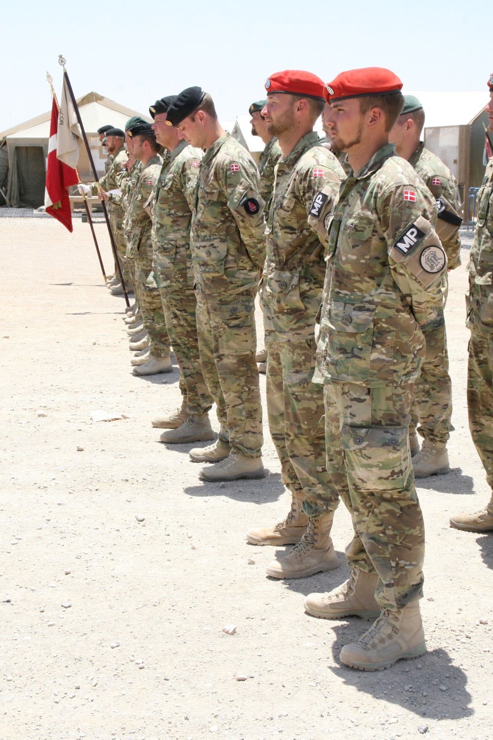 Soldiers with the Danish Contingent stand in formation during their end of mission ceremony aboard Camp Bastion, Afghanistan, May 20, 2014. This year marked the 17th rotation and final deployment to Afghanistan for DANCON. Since their first mission began, more than 18,000 Danish soldiers have deployed to the country.