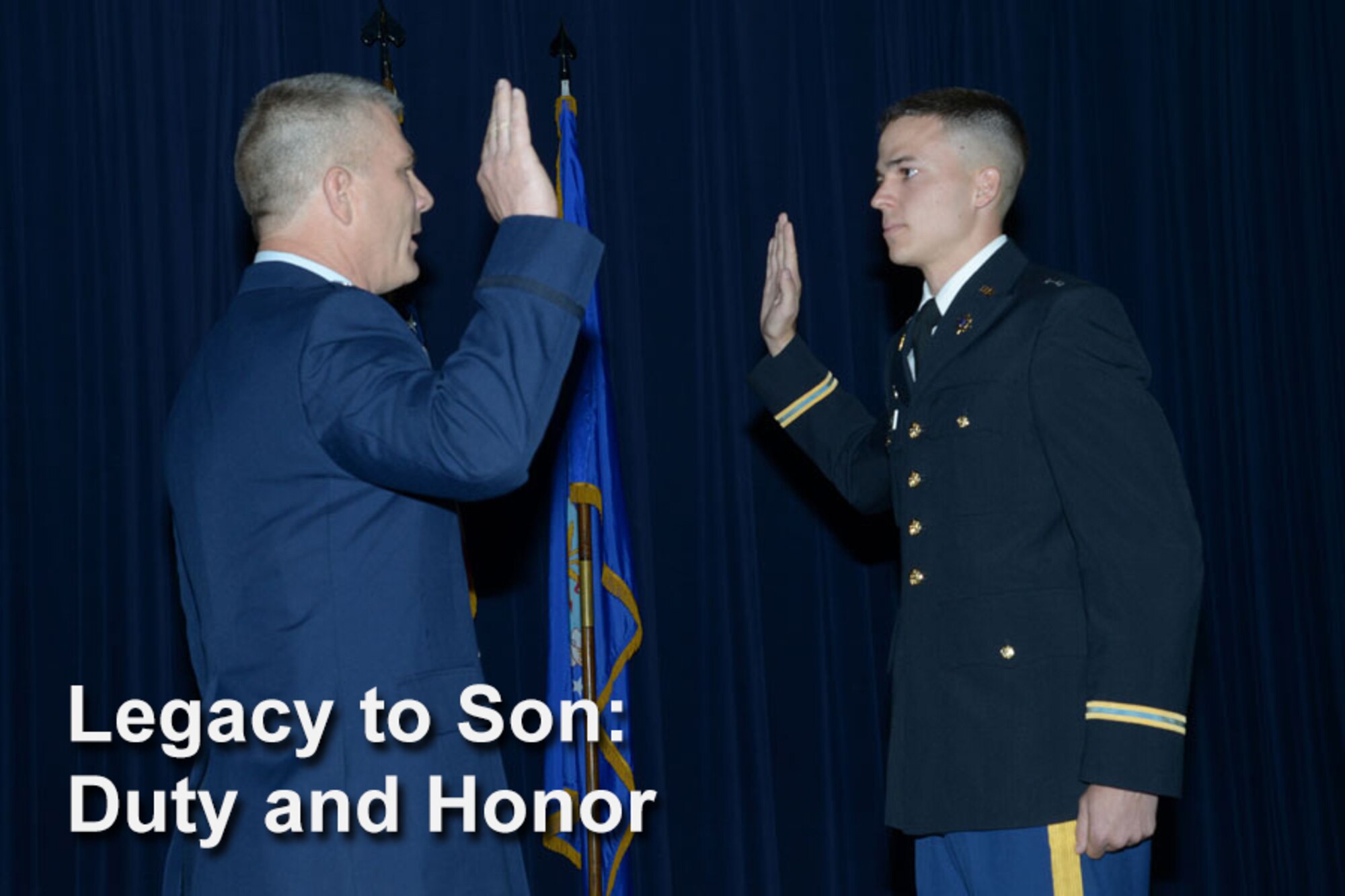Col. Kyle 'Cowboy' Ingham administers the oath of office to 2nd Lt. Austin Ingham during ceremonies celebrating the colonel's retirement and his son's commissioning on May 20 at Joint Base-Randolph, Texas. (Air Force photo by Joel Martinez)