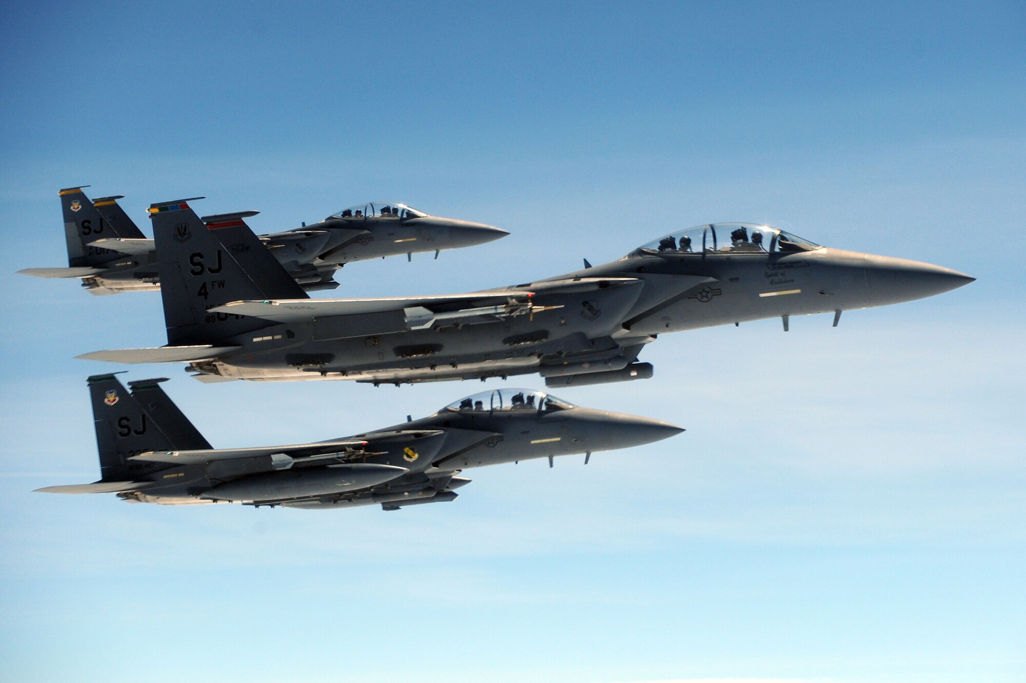 Col. Jeannie Leavitt, 4th Fighter Wing commander, flies with fellow 4th FW aircrew members during her fini-flight, May 29, 2014, over North Carolina. A fini-flight is a military aviation tradition that marks the end of a pilot’s or commander’s time at a location or command. (U.S. Air Force photo/Senior Airman John Nieves Camacho)