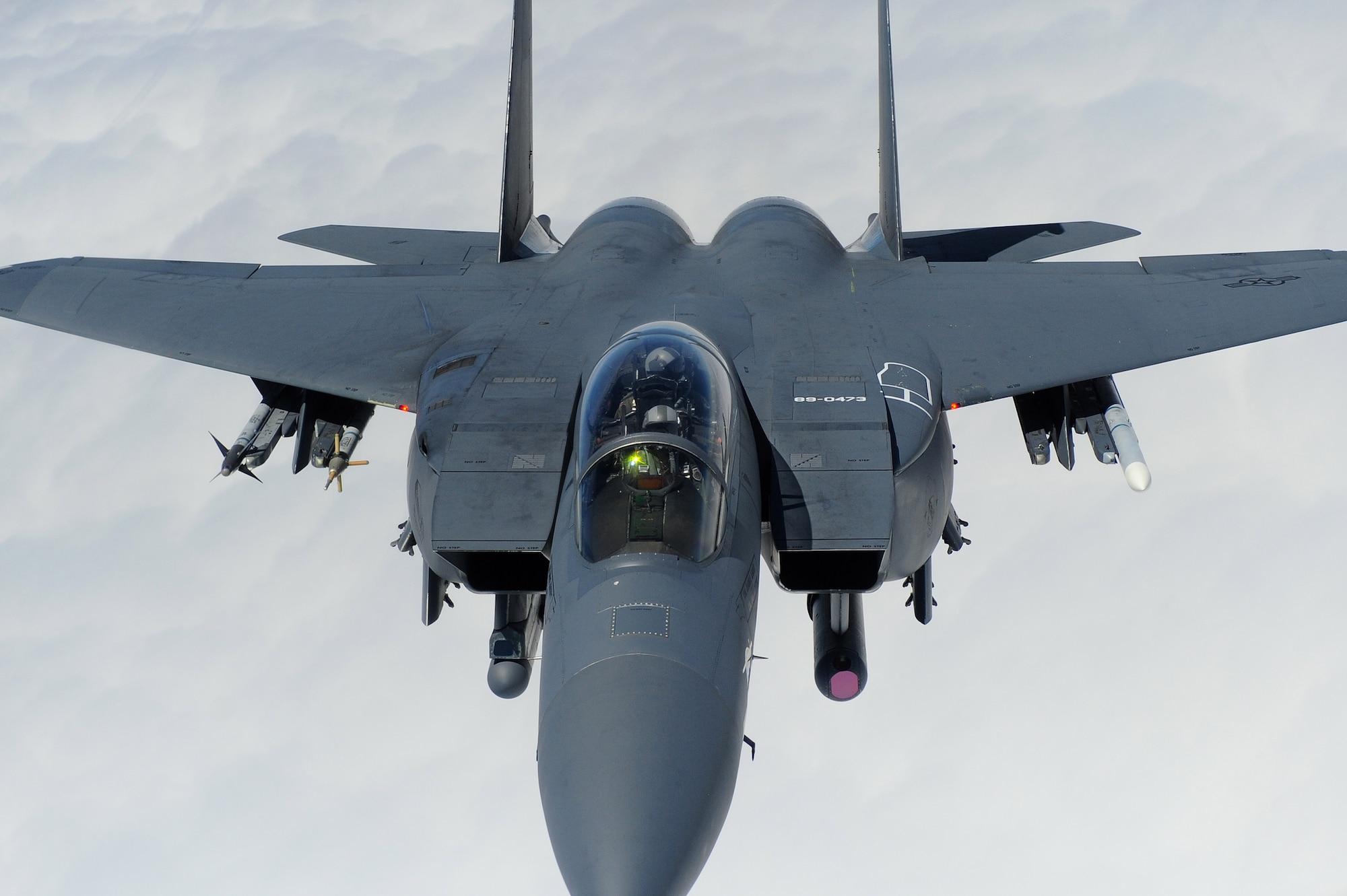 Col. Jeannie Leavitt, 4th Fighter Wing commander, pilots an F-15E Strike Eagle aircraft during her fini-flight, May 29, 2014, over North Carolina. A fini-flight is a military aviation tradition that marks the end of a pilot’s or commander’s time at a location or command. (U.S. Air Force photo/Senior Airman John Nieves Camacho)