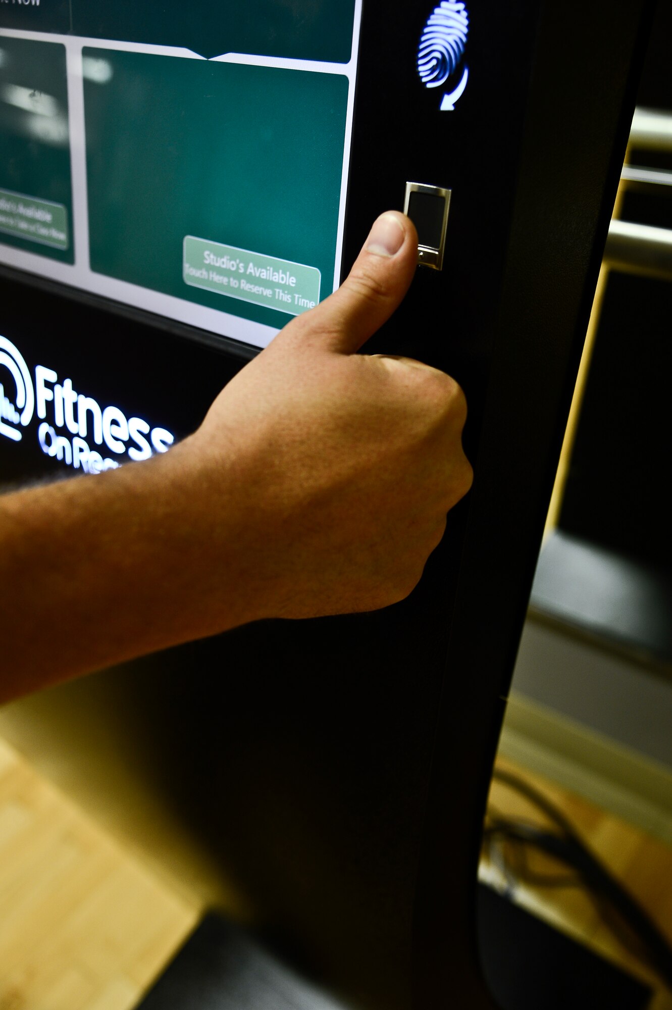 Customers must schedule fitness classes with the fitness center staff in the Short Fitness Center at MacDill Air Force Base, Fla., to avoid conflicts. The staff will sign into the Fitness on Request kiosk with a fingerprint to select the desired options. (U.S. Air Force photo by Airman 1st Class Vernon L. Fowler Jr./Released)