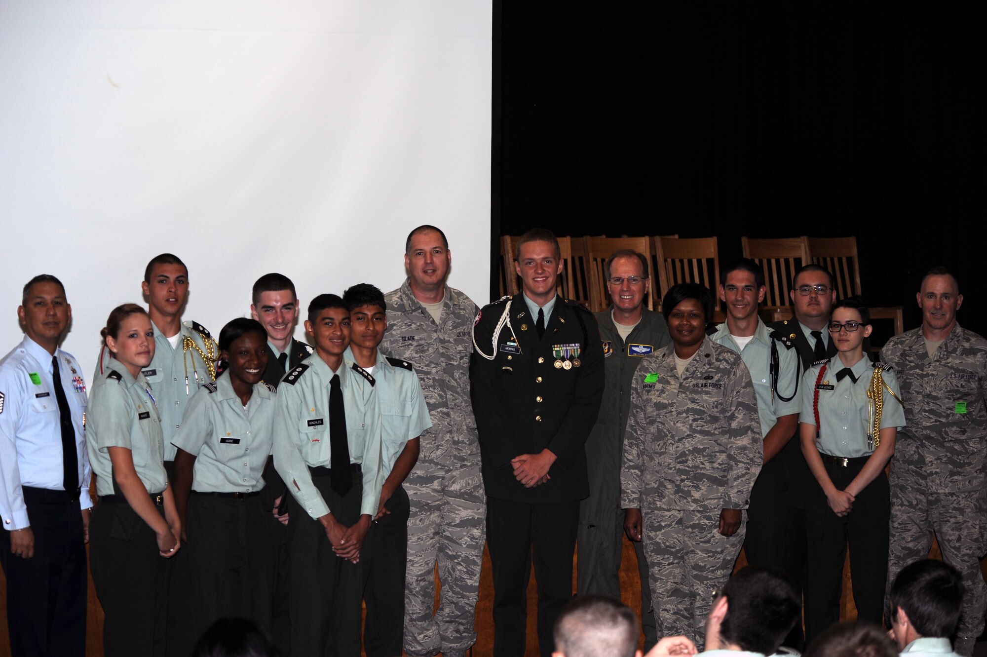 LILLINGTON, N.C. - The Western Harnett High School Junior Reserve Officers’ Training Corps welcomes leaders from the 440th Airlift Wing, Pope Army Airfield, North Carolina, at a speaking engagement here, May 28. Brig. Gen. James Scanlan, 440th AW commander, led a team of Citizen Warriors in a series of discussions with the JROTC cadets focused on leadership, future opportunities and teamwork. (U.S. Air Force photo by Tech. Sgt. Elizabeth Moody)