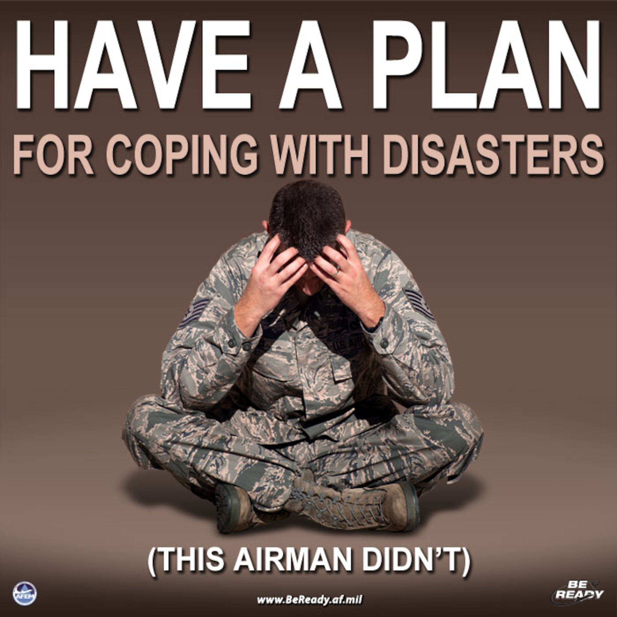 The Air Force "Be Ready Awareness" Campaign is a program to inform AF personnel about the importance of being prepared for disasters and emergencies. Airmen and their families are encouraged to conduct anticipatory actions by preparing a bug-out bag, stocking up on emergency supplies and maintaining essential emergency information to increase the likelihood of survival and decrease the risk of injury when hazardous situations arise. (U.S. Air Force photo by Airman 1st Class Jimmie D. Pike/Released)