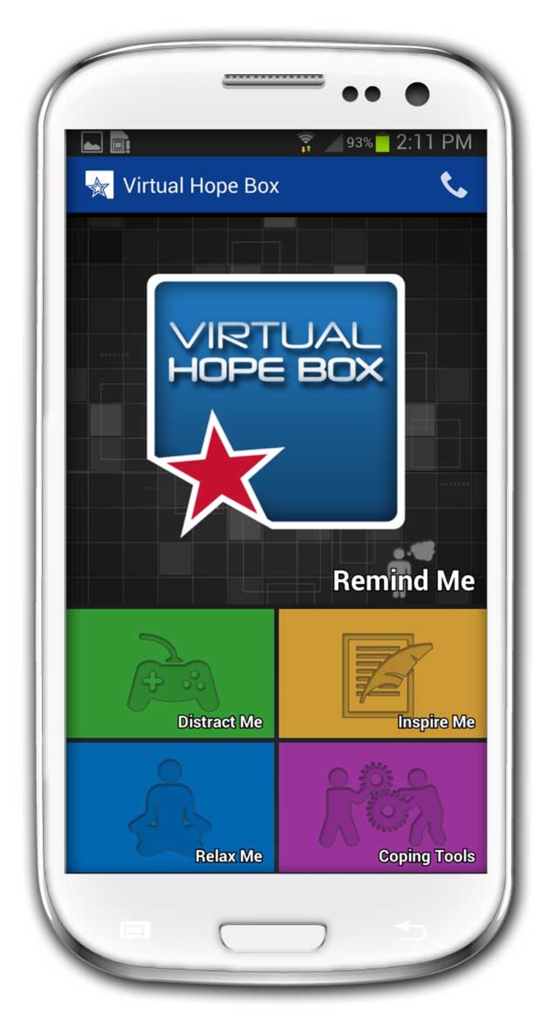 Virtual Hope Box screen layout. (Graphic courtesy of the National Center for Telehealth and Technology)