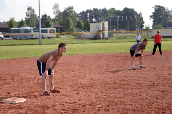 U.S. Air Force Staff Sgt. Chad Warren, 52nd Fighter Wing Public Affairs photojournalist from Nashville, Tenn., prepares for the kickball to come his way during a wing sports day at Spangdahlem Air Base, Germany, May 29, 2014. Kickball was only one of the competitions of the day-long tournament. (U.S. Air Force photo by Senior Airman Alexis Siekert/Released)