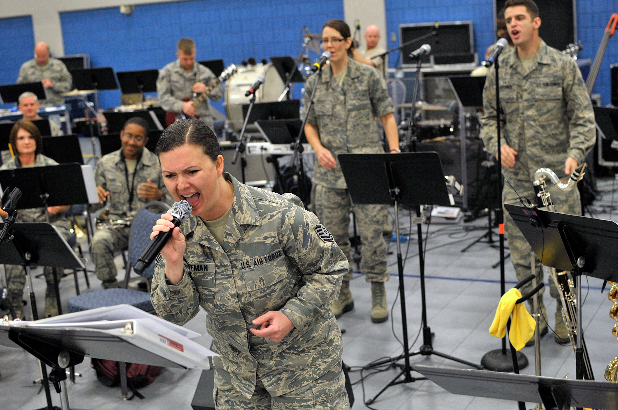 MCGHEE TYSON AIR NATIONAL GUARD BASE, Tenn. - The Air National Guard's foremost 572nd Air Force Band, or "Band of the South" - its 41 musicians - perform their final practice session at the I.G. Brown Training and Education Center's Wilson Hall here May 28, before they kick off a fresh and tuneful, summer 2014 tour. The Band of the South will appear for nearly a dozen, toe-tapping concerts June 28 through July 4, including Virginia Beach, Va., Charleston Harbor, S.C., and Panama City Beach, Fla. (U.S. Air National Guard photo by Master Sgt. Mike R. Smith/Released)