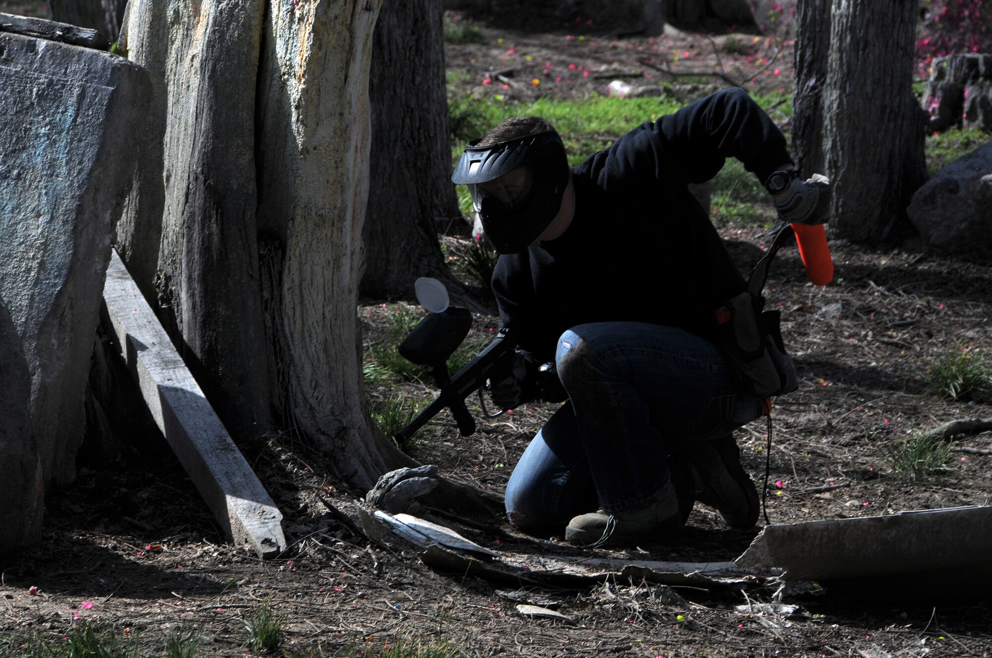 WRIGHT-PATTERSON AIR FORCE BASE, Ohio – A reservist from the 445th Airlift Wing takes part in a game of paintball during the wing's Single Airmen paintball game May 3 at the i70 Paintball in Huber Heights, Ohio. The event stemmed from the Single Airman Programming Initiative, a program that provides social and recreation opportunities through Force Support Squadron-sponsored events held during unit training assembly weekends. The program, which began rolling out around the Air Force last fall, is targeted toward officer and enlisted Airmen without a spouse. (U.S. Air Force photo/Tech. Sgt. Anthony Springer)