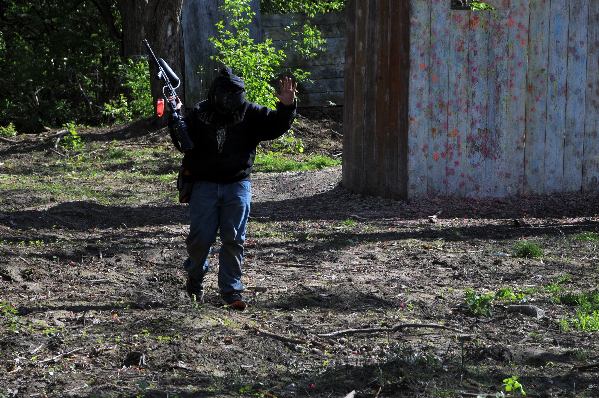 WRIGHT-PATTERSON AIR FORCE BASE, Ohio – A reservist from the 445th Airlift Wing takes part in a game of paintball during the wing's Single Airmen paintball game May 3 at the i70 Paintball in Huber Heights, Ohio. The event stemmed from the Single Airman Programming Initiative, a program that provides social and recreation opportunities through Force Support Squadron-sponsored events held during unit training assembly weekends. The program, which began rolling out around the Air Force last fall, is targeted toward officer and enlisted Airmen without a spouse. (U.S. Air Force photo/Tech. Sgt. Anthony Springer)