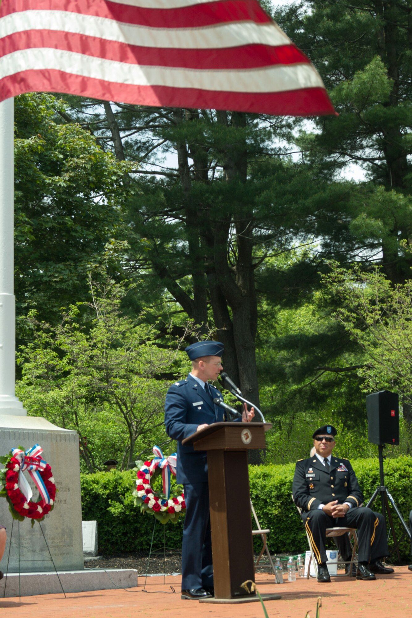 BEDFORD, Mass. – Col. David Hiltz, Family of Systems Architecture Team chief, speaks to the Bedford community during a Memorial Day ceremony at the town’s Veteran’s Memorial Park, May 26. Bedford in partnership with the local Veterans of Foreign Wars and American Legion chapters hold this event annually. (Courtesy photo)