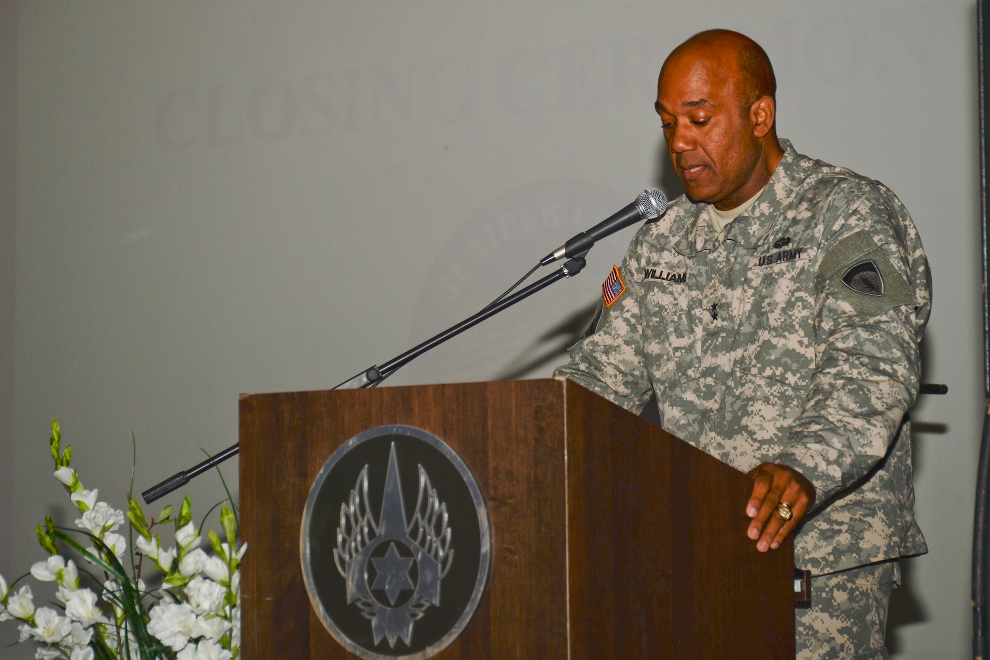 U.S. Army Maj. Gen. Darryl A. Williams, commander of U.S. European Command’s Joint Defense Forces Israel, speaks during the closing ceremony of the bilateral Juniper Cobra 14 defense exercise at Hatzor Air Base, Israel, May 22, 2014. JC14 training consists of computer-simulated exercises, providing training in defense, crisis resupply, foreign disaster response and foreign humanitarian assistance. (U.S. Air Force photo by Staff Sgt. Joe W. McFadden/Released)