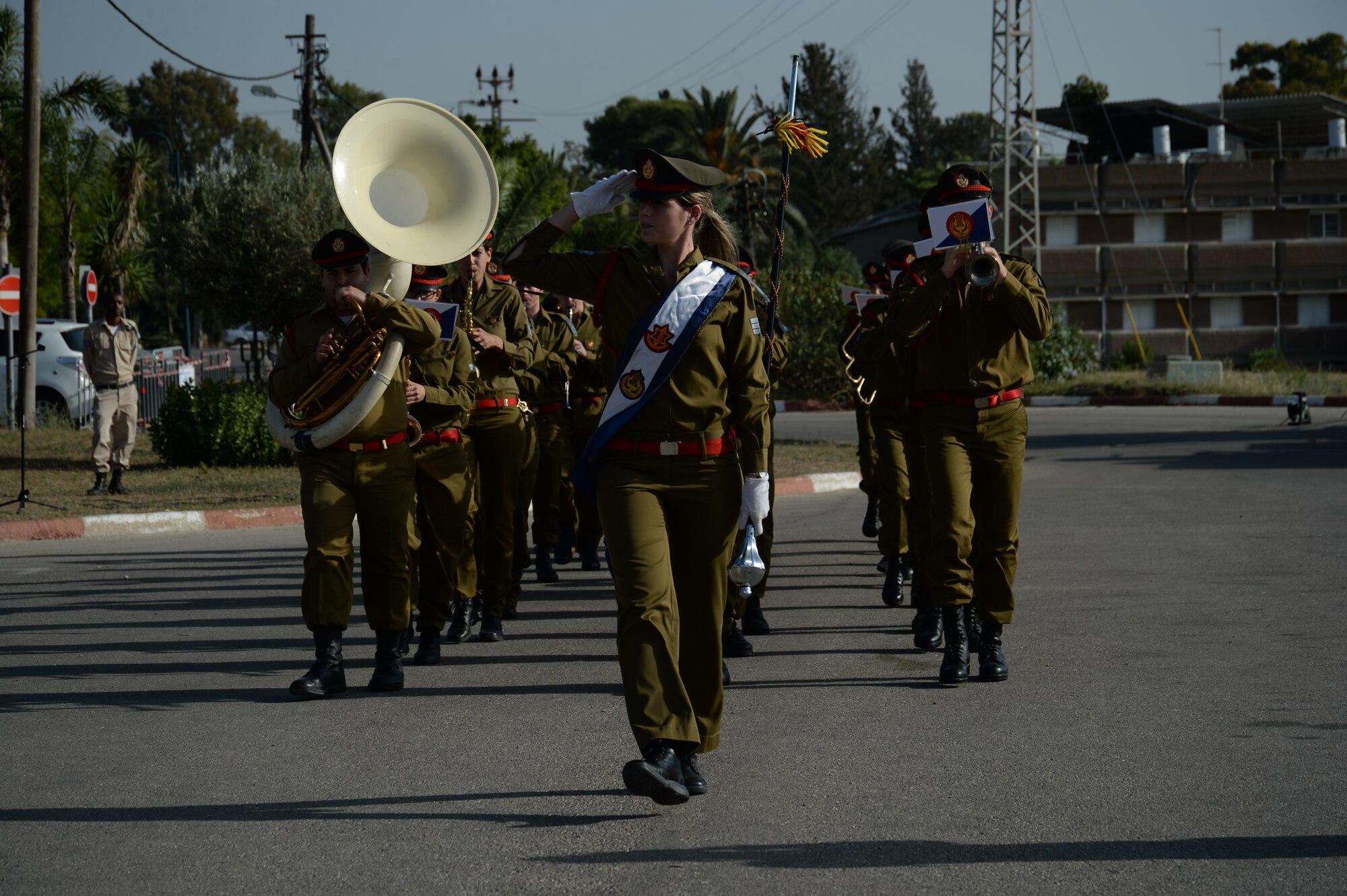 Members of the Israeli Defense Forces Marching Band play during the closing parade ceremony of the bilateral Juniper Cobra 14 defense exercise at Hatzor Air Base, Israel, May 22, 2014. Approximately 2,000 U.S. service members and civilians stationed in Europe and the United States traveled to Israel to participate in JC14 as a training audience or exercise evaluators. (U.S. Air Force photo by Staff Sgt. Joe W. McFadden/Released)