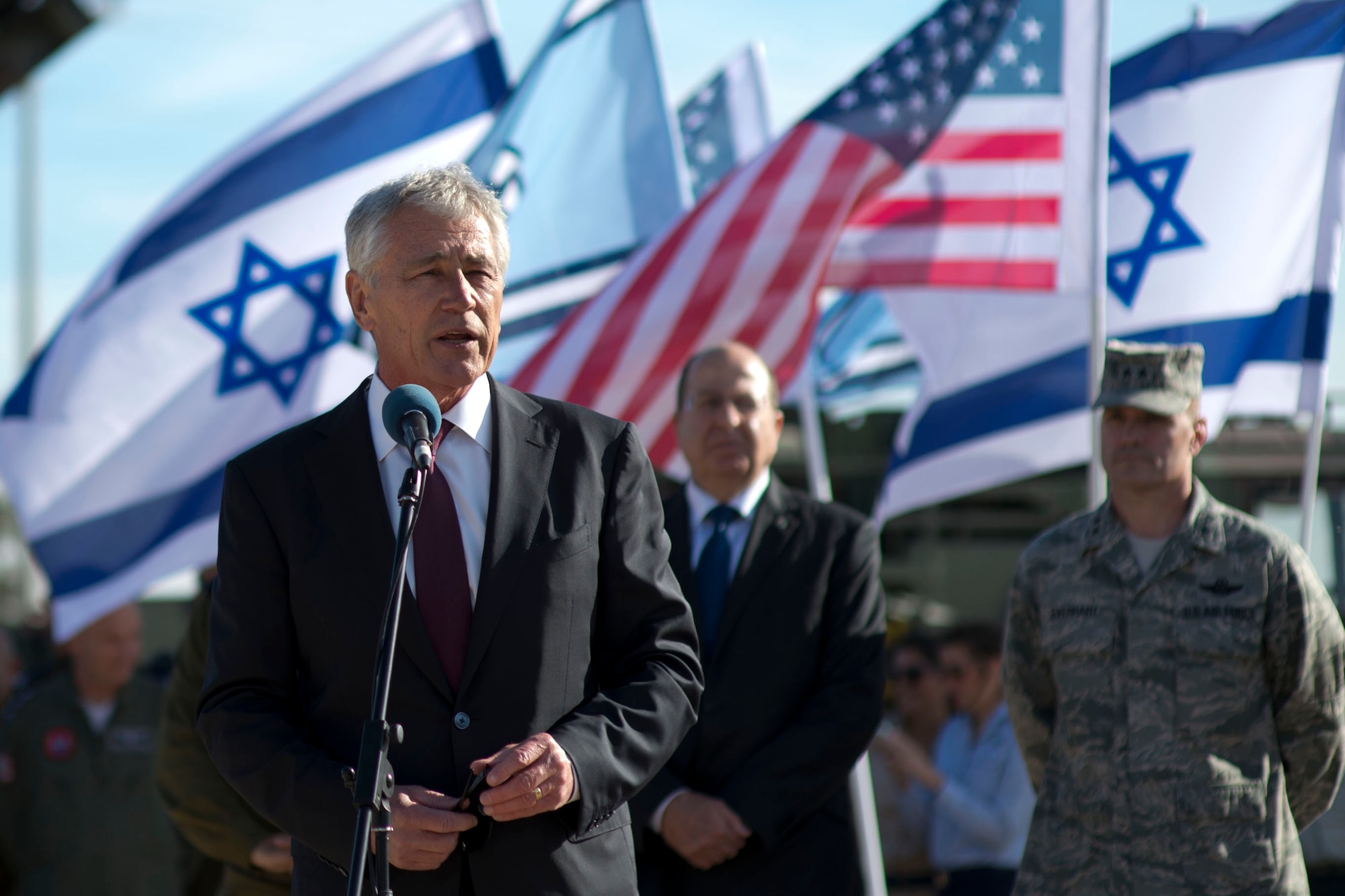 U.S. Secretary of Defense Chuck Hagel speaks with Israeli and American troops who are conducting exercise Juniper Cobra 14 at an air base outside Tel Aviv, Israel May 15, 2014.  Hagel was briefed on the exercise before visiting with troops and thanking them for their dedication.  (DoD Photo by Erin A. Kirk-Cuomo/Released)