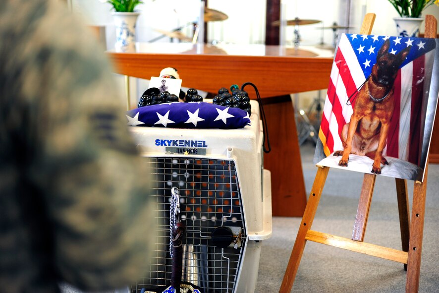 Staff Sgt. Daniel Sayarot, 8th Security Forces Squadron military working dog handler, pays his final respects during the memorial of his dog Iian at Kunsan Air Base, Republic of Korea, May 21, 2014. Since Iian’s assignment to Kunsan in October 2004, he has worked with 13 handlers. (U.S. Air Force photo by Senior Airman Taylor Curry/Released)