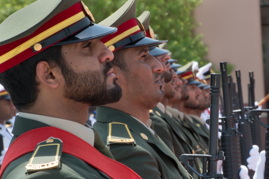 A United Arab Emirates honor guard stands in formation as U.S. Army Gen. Martin E. Dempsey, not shown, chairman of the Joint Chiefs of Staff, arrives at the General Military Headquarters in Abu Dhabi, United Arab Emirates, May 28, 2014. 