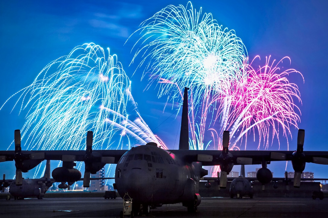 Fireworks burst over Yokota Air Base, Japan, July 4, 2012, during Celebrate America. The 374th Force Support Squadron provided Yokota residents and their guests with events for all ages including a 5K run, live entertainment and fireworks.  

