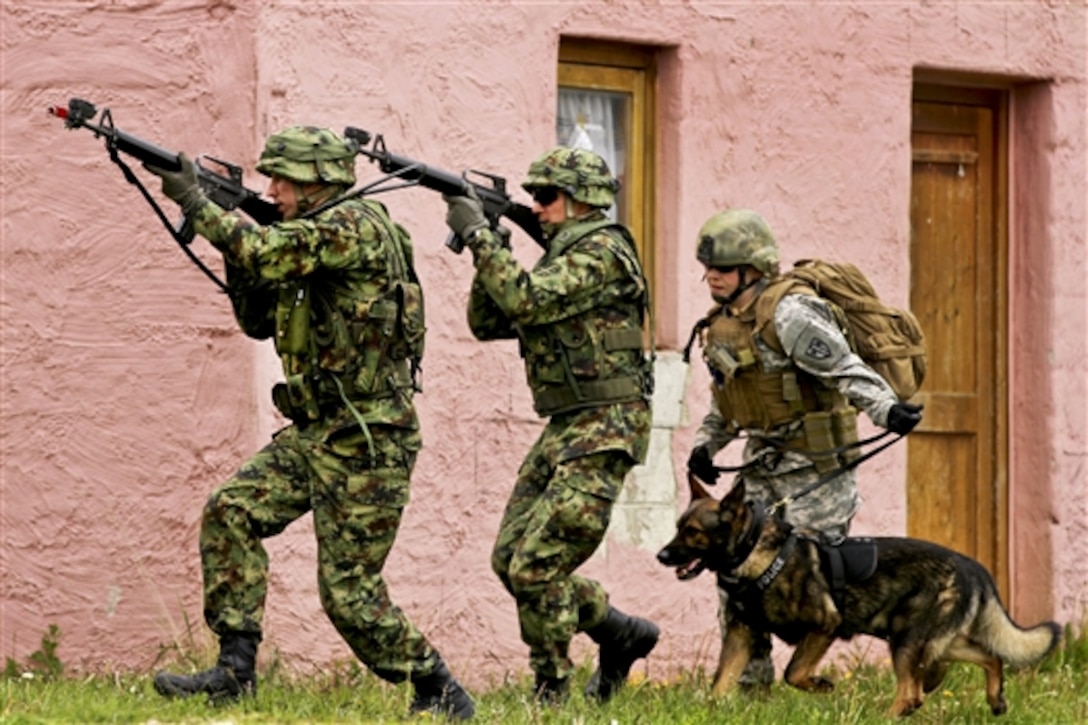 Lithuanian soldiers provide a security escort for U.S. Army Sgt. Kara Yost, right, and Kajo, his military working dog, during urban assault training at the Joint Multinational Readiness Center in Hohenfels, Germany, May 17, 2014. Yost, a military police dog handler, and Kajo are assigned to the 131st Military Working Dog Detachment, 615th Military Police Company. 