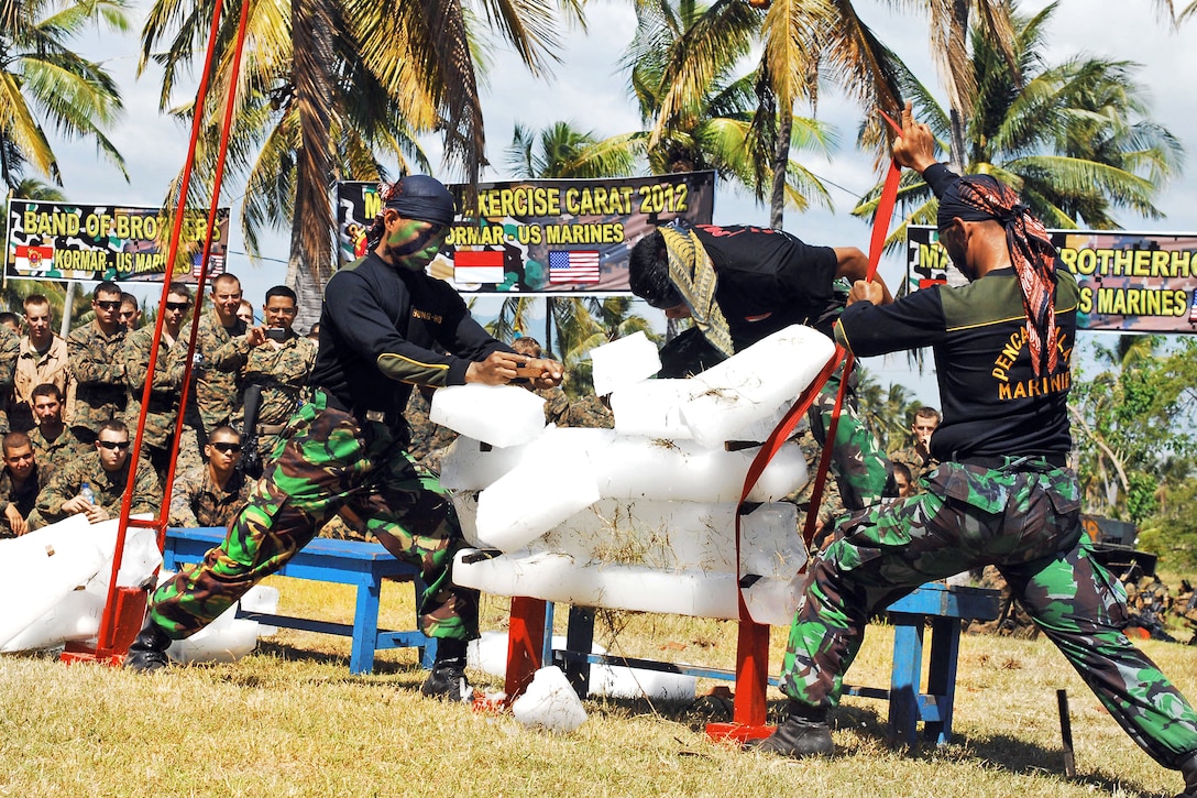U.S. Navy sailors and Marines watch as an Indonesian marine breaks four bricks of ice with his head during a Pencak Silat martial arts show following an amphibious assault exercise for Cooperation Afloat Readiness and Training in Jangkar, Indonesia, June 5, 2012 2012. CARAT 2012 is a bilateral exercise that involves troops from the United States, Bangladesh, Brunei, Cambodia, Indonesia, Malaysia, the Philippines, Singapore, Thailand, and Timor Leste .  
