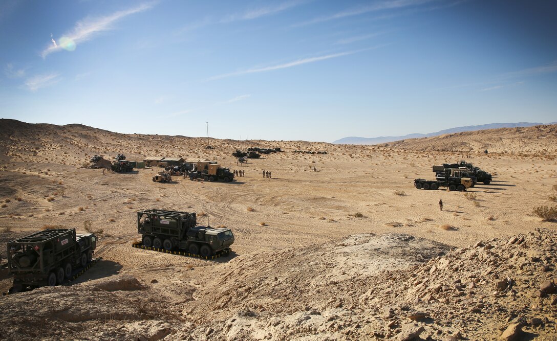 Marines with 3rd Light Armored Reconnaissance Battalion surround the Boron Prison Complex during Desert Scimitar-14, May 13, 2014. Headquarters and Service Company surrounded the complex during a training exercise while Company C raided the prison.