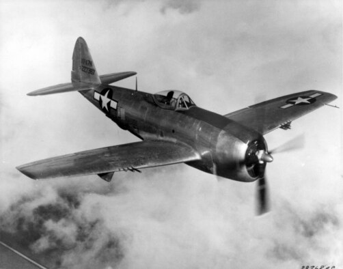 Republic P-47N Thunderbolts were used as both a high-altitude escort fighter and a low-level fighter-bomber. The P-47 quickly gained a reputation for its ruggedness. Its sturdy construction and air-cooled radial engine enabled the P-47N to absorb severe battle damage and keep flying. (Department of Defense photo)