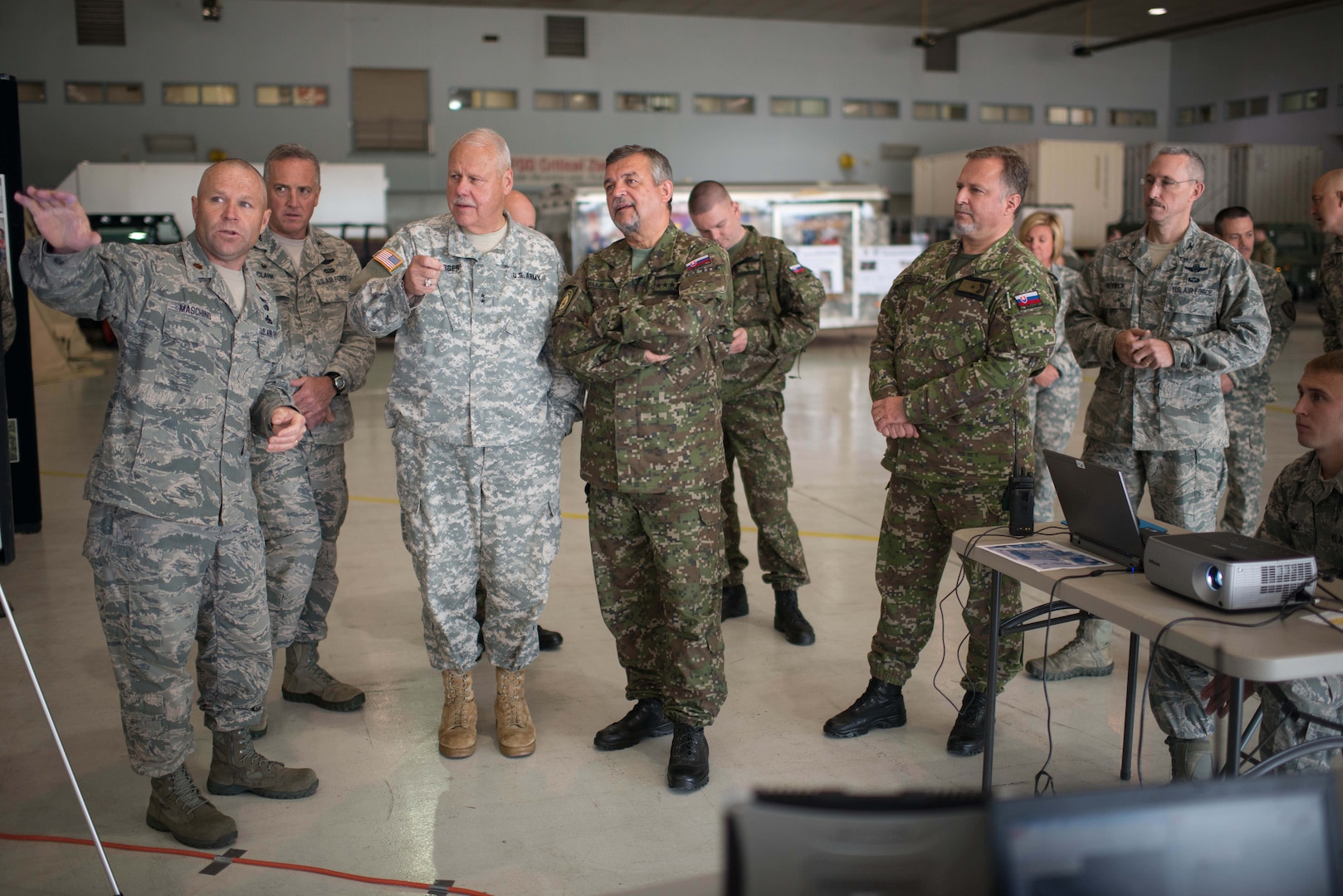 Maj. Craig Maschino briefly describes the capabilities of their thermal imaging system to the Indiana adjutant general, Maj. Gen. R. Martin Umbarger, and Slovakian Chief of Defense Lt. Gen. Milan Maxim as well as members of the Slovakian Army and Indiana National Guard. 