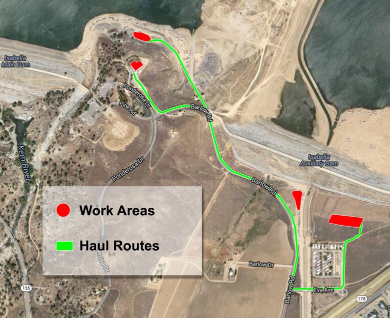 A map shows the location of work areas and haul routes for materials investigation at Isabella Lake as part of the U.S. Army Corps of Engineers dam safety modification project.