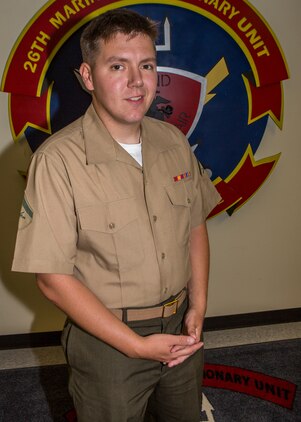 U.S. Marine Corps Lance Cpl. Zackary R. Daniels poses for a photo at the 26th Marine Expeditionary Unit (MEU) command post May 30, 2014. Daniels, a Beechgrove, Ind., native is a supply admin clerk assigned to the 26th MEU. (U.S. Marine Corps photo by Lance Cpl. Joshua W. Brown)