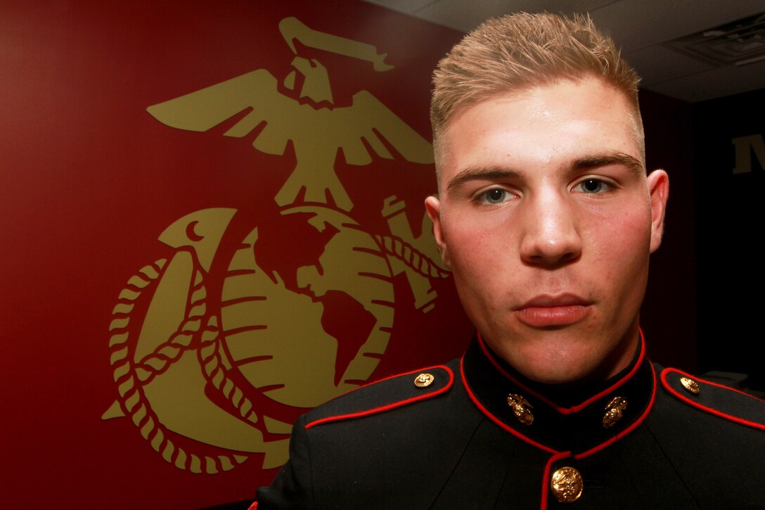 Private First Class Tony R. Fantoli, a 19-year-old Windham, Connecticut, native, poses for a photo inside the Putnam Recruiting Office May 22, 2014. Fantoli graduated boot camp March 19, and is currently working on recruiters’ assistance awaiting the start of his military occupational school. (Official Marine Corps Photo by Sgt. Richard Blumenstein)