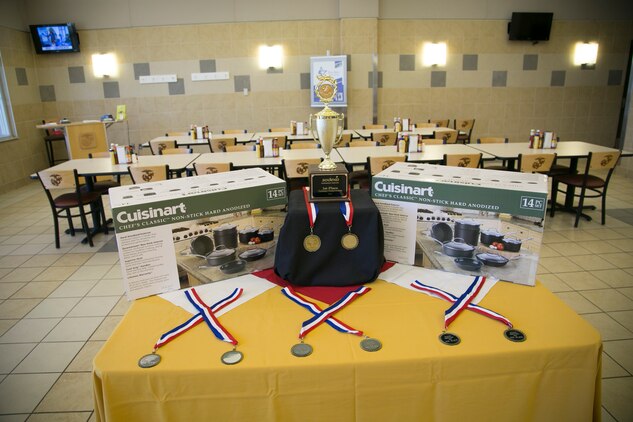 Marine Corps Air Station Beaufort food service specialists compete in the Mess Hall Cook-Off held at the Consolidated Mess Hall on Marine Corps Recruit Depot Parris Island, May 20. To compete in the biannual competition, the Marines needed to complete the Culinary Foundations Course and have one of the top four scores in the class. The Cook-off was held to teach the cooks how to think creatively and use their knowledge to create unique recipes.