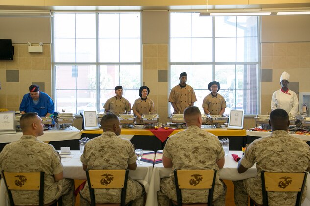 Marine Corps Air Station Beaufort food service specialists compete in the Mess Hall Cook-Off held at the Consolidated Mess Hall on Marine Corps Recruit Depot Parris Island, May 20. To compete in the biannual competition, the Marines needed to complete the Culinary Foundations Course and have one of the top four scores in the class. The Cook-off was held to teach the cooks how to think creatively and use their knowledge to create unique recipes.