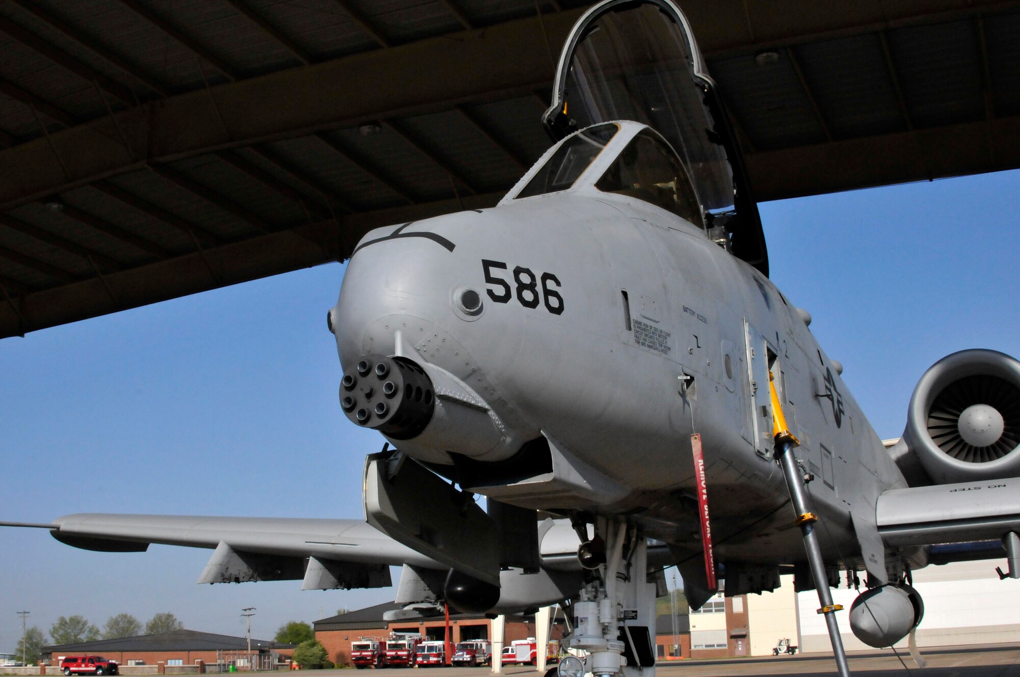 An A-10C Thunderbolt II "Warthog" (Tail No. 586), awaits departure. The aircraft left Ebbing Air National Guard Base, Fort Smith, Arkansas. The aircraft was delivered from the 188th Fighter Wing to Moody Air Force Base, Georgia, April 18, 2014, as part of the 188th's mission conversion from the A-10 to a remotely piloted aircraft, intelligence and targeting mission. The 188th has three remaining A-10s on station. The final two aircraft are scheduled to leave the 188th June 7, 2014. (U.S. Air National Guard photo by Tech Sgt. Josh Lewis/Released)
