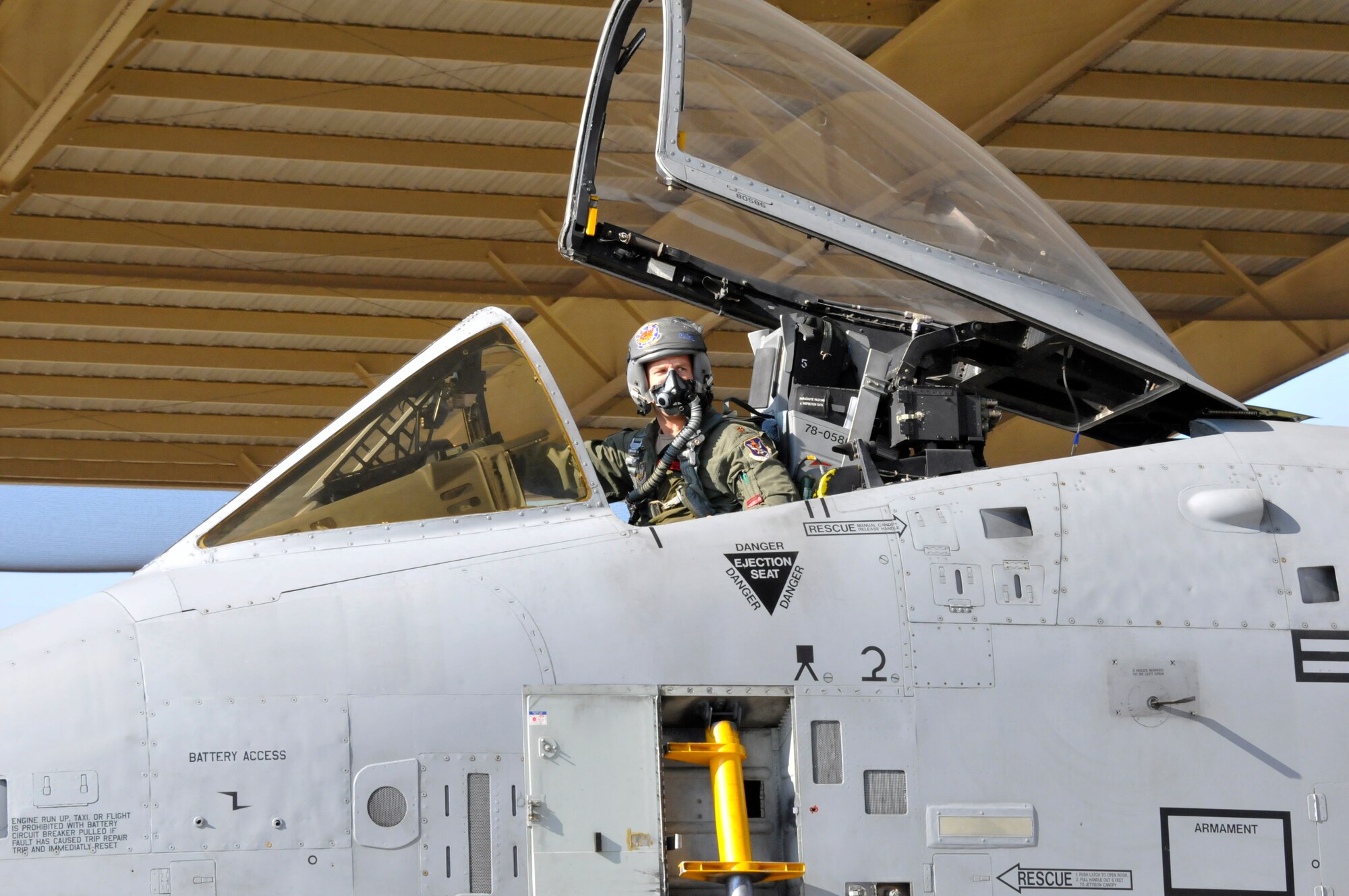 Maj. Michael Roche, a pilot with the 76th Fighter Squadron, Moody Air Force Base, Georgia., prepares an A-10C Thunderbolt II "Warthog" (Tail No. 586), to taxi. The aircraft left Ebbing Air National Guard Base, Fort Smith, Arkansas. The aircraft was delivered from the 188th Fighter Wing to Moody Air Force Base, Georgia, April 18, 2014, as part of the 188th's mission conversion from the A-10 to a remotely piloted aircraft, intelligence and targeting mission. The 188th has three remaining A-10s on station. The final two aircraft are scheduled to leave the 188th June 7, 2014. (U.S. Air National Guard photo by Tech Sgt. Josh Lewis/Released)