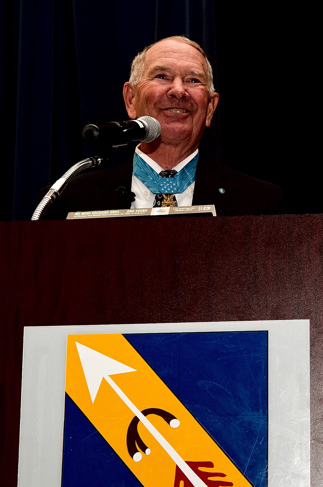 Walter “Joe” Marm Jr., retired U.S. Army Col. and Medal of Honor recipient, speaks with Team Seymour members at the 4th Fighter Wing Commander’s Leadership Lecture Series event, May 28, 2014, at Seymour Johnson Air Force Base, North Carolina. Marm spoke about his time serving in Vietnam and the qualities of a good leader. (U.S. Air Force photo/Airman 1st Class Shawna L. Keyes)
