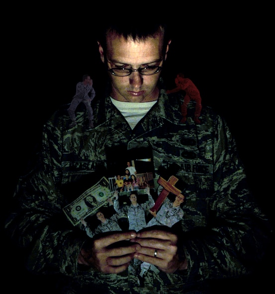 Everyone has an inner voice giving them both good and bad advice, Airmen are no exception. Family, finances, religion and career can affect one’s mental stability. Airmen have services available to them such as the mental health clinic and Chaplin’s that can help with combating stress One way to combat stress is to find a place where you can meditate and focus on how you are going to handle each stressor. Airmen should try to compartmentalize  stress. For example try to keep work issues at work, and home issues at home, and attempt to tackle each stressor one at a time. The Chaplain can provide a safe place to discuss issues, regardless of your religion. (U.S. Air Force illustration/Staff Sgt. Jason McCasland)